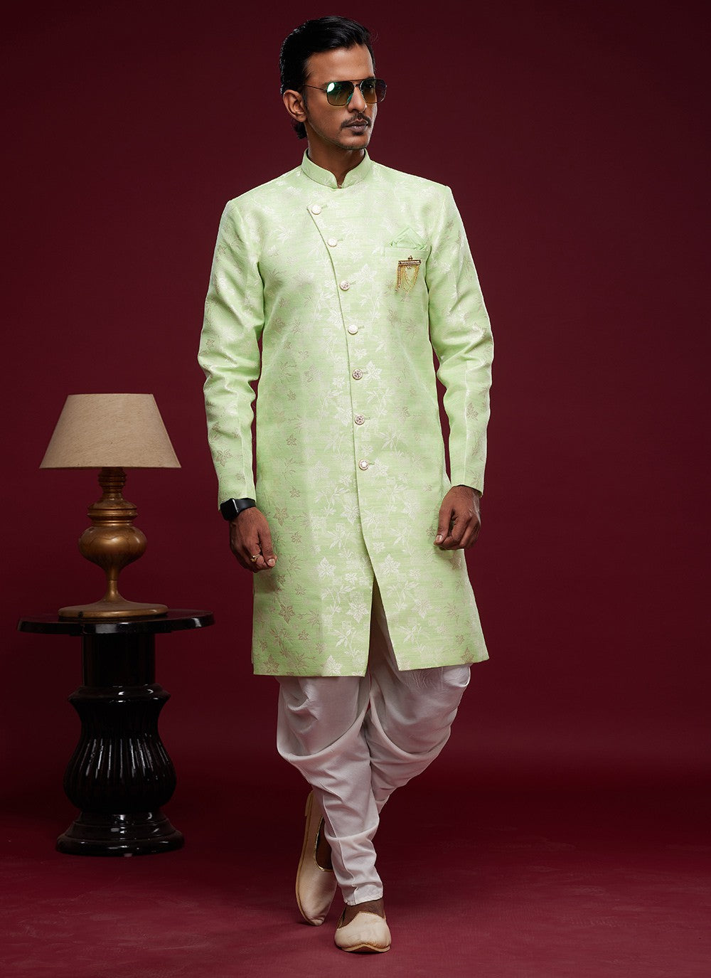 Fancy Work Banarasi Jacquard Green Indo Western Sherwani - M5786
