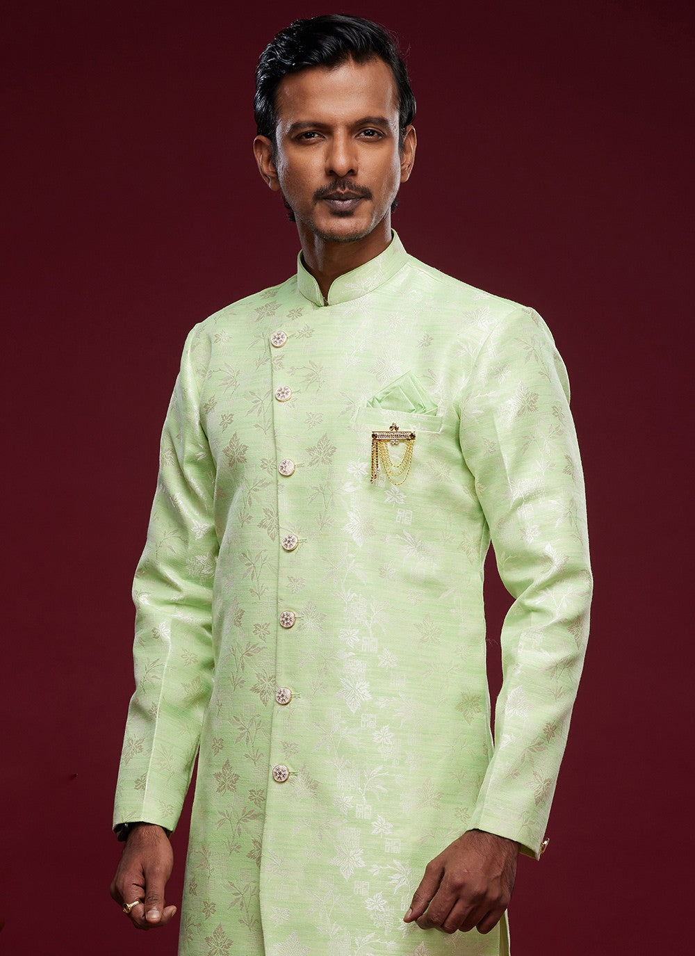 Fancy Work Banarasi Jacquard Green Indo Western Sherwani - M5786