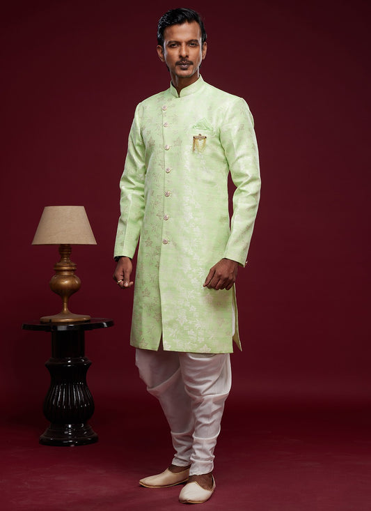 Fancy Work Banarasi Jacquard Green Indo Western Sherwani - M5786