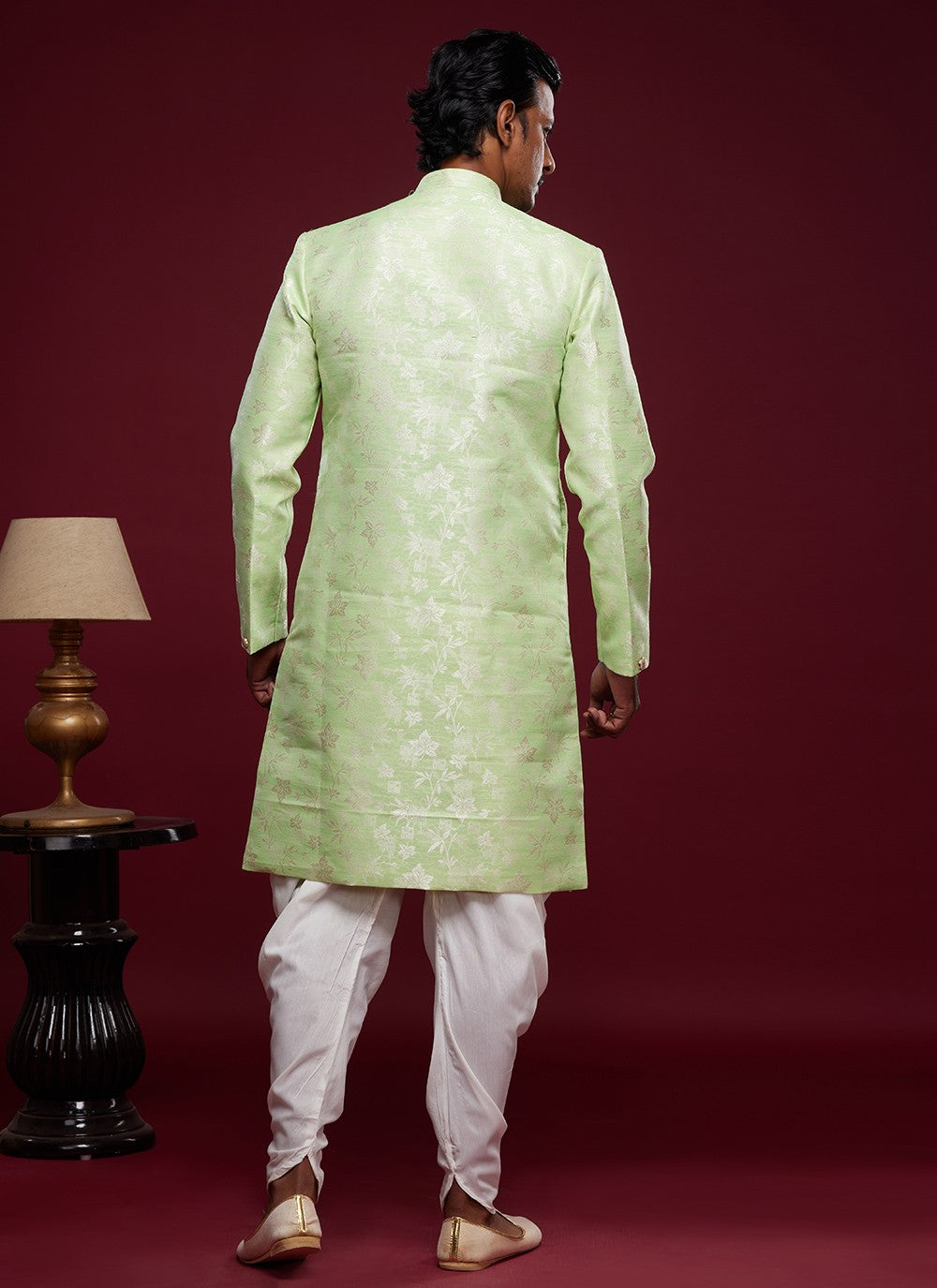 Fancy Work Banarasi Jacquard Green Indo Western Sherwani - M5786