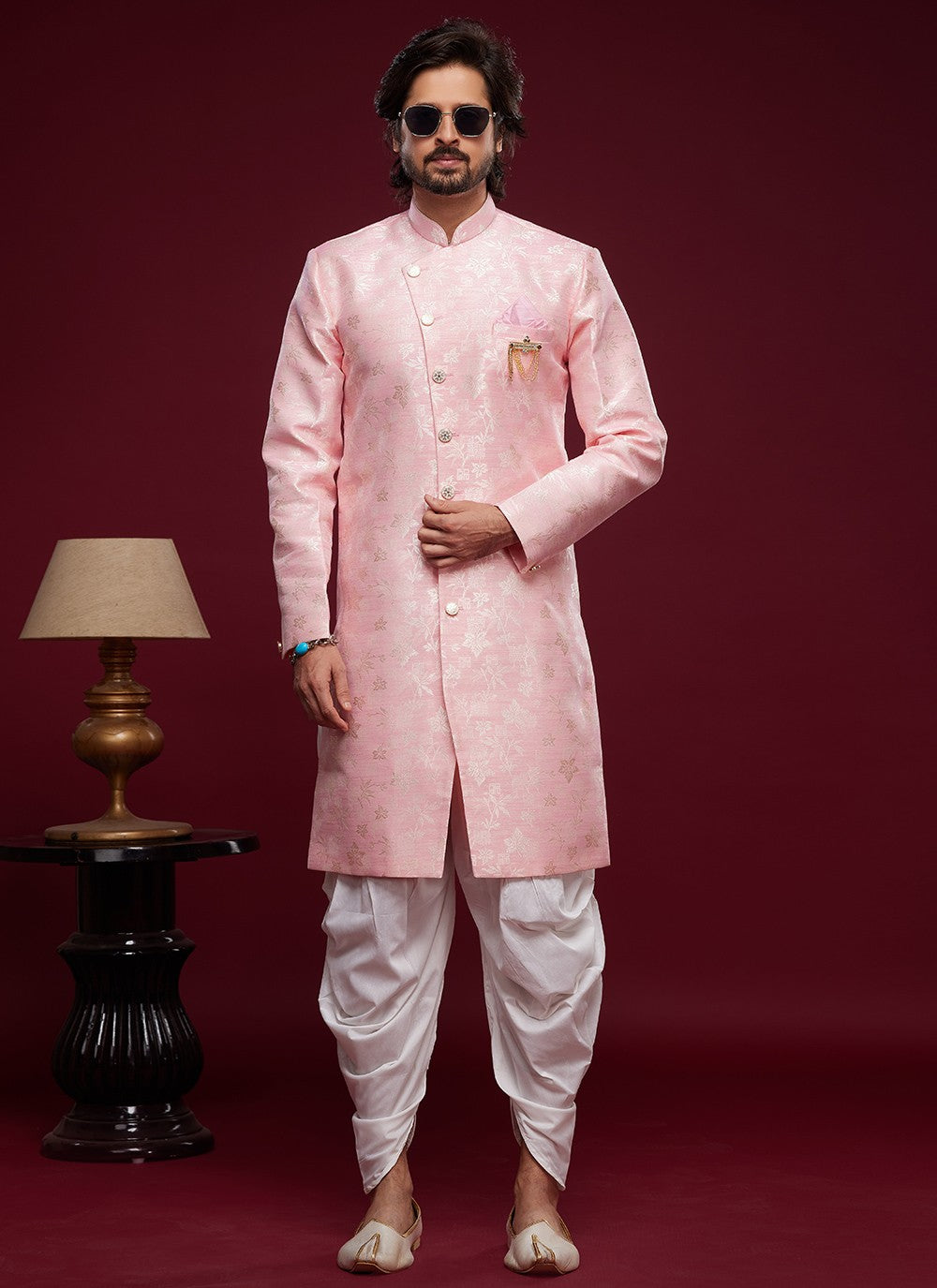 Fancy Work Banarasi Jacquard Pink Indo Western Sherwani - M5783