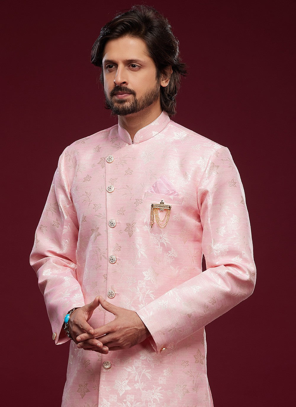 Fancy Work Banarasi Jacquard Pink Indo Western Sherwani - M5783