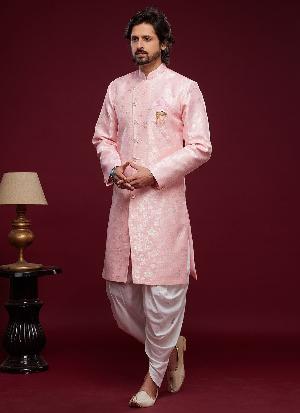 Fancy Work Banarasi Jacquard Pink Indo Western Sherwani - M5783