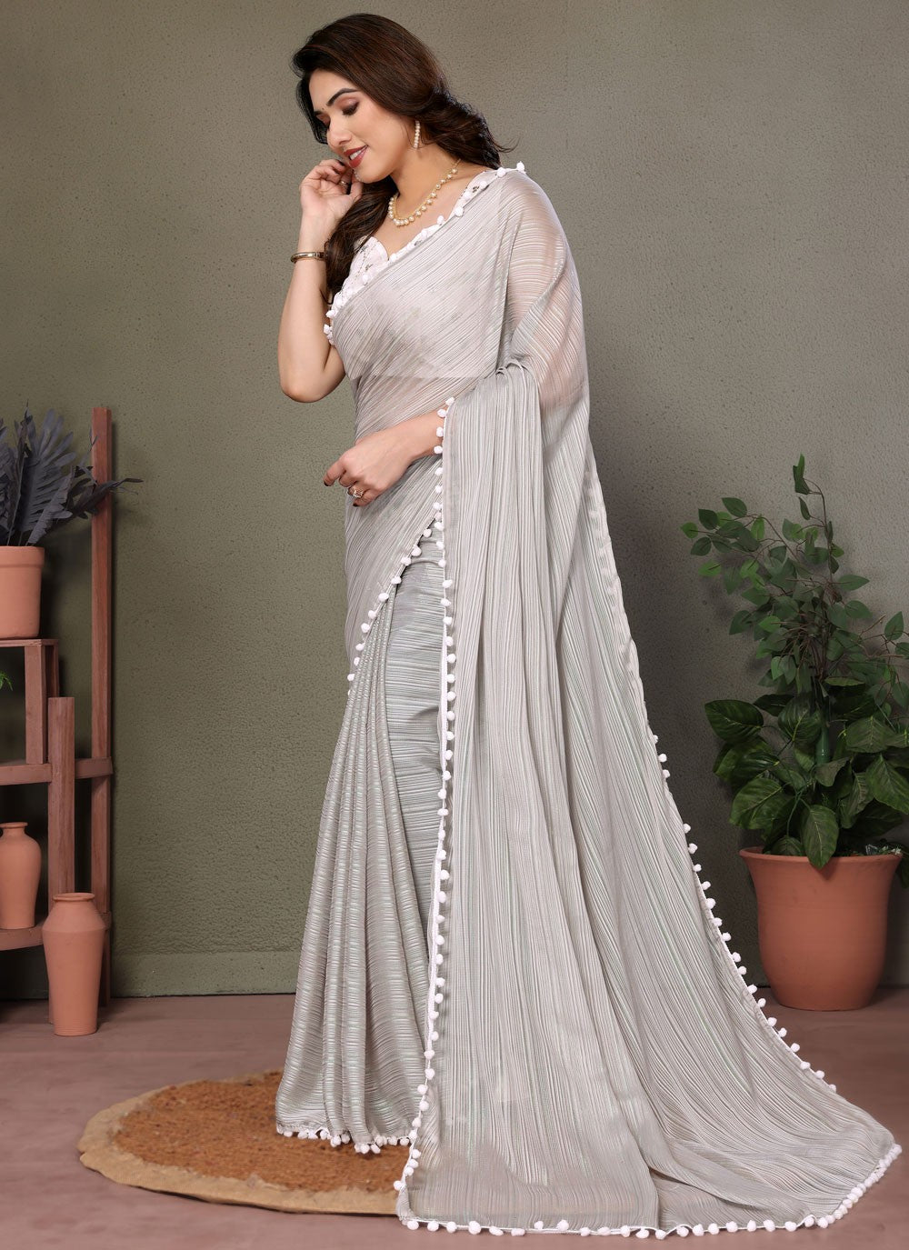 Trendy Saree Border Work Grey Banglori Silk Saree S12474