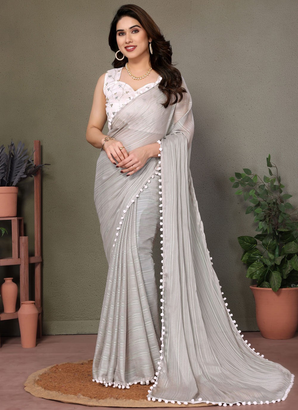 Trendy Saree Border Work Grey Banglori Silk S12474