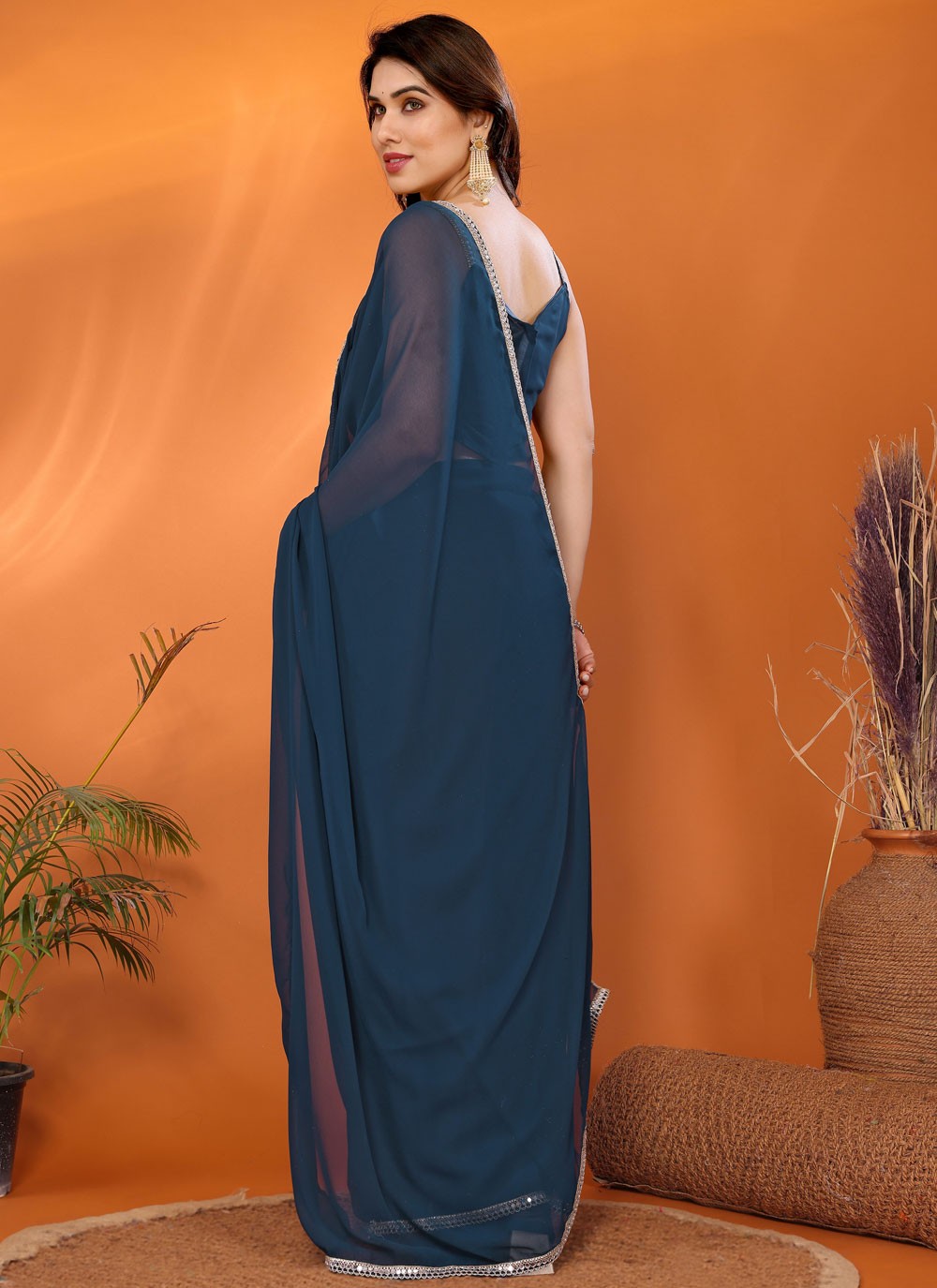 Border Work Georgette Navy Blue Saree S14707