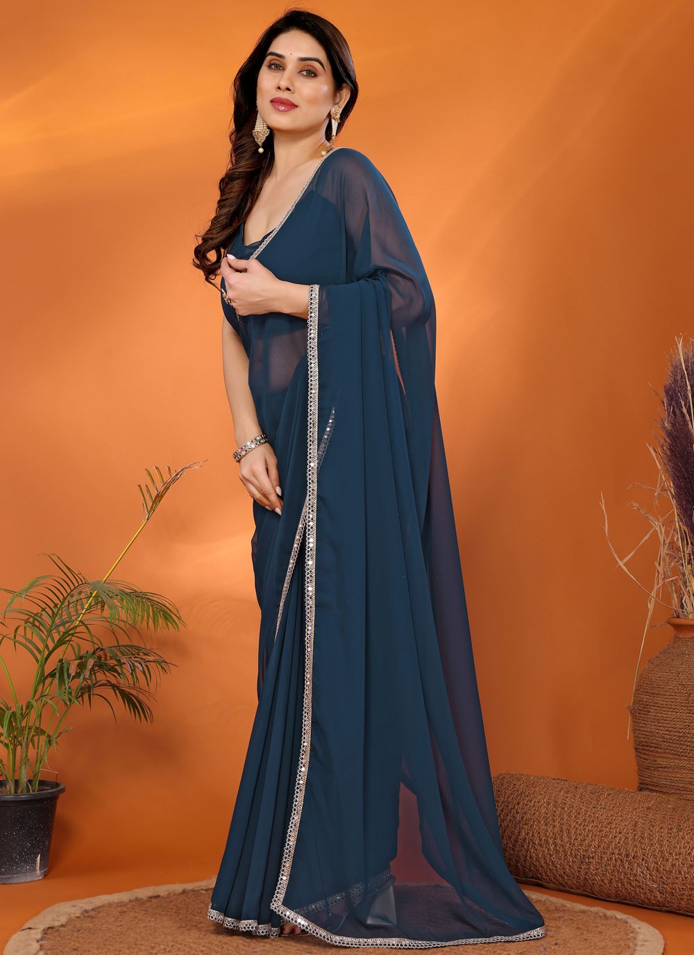 Border Work Georgette Navy Blue Saree S14707