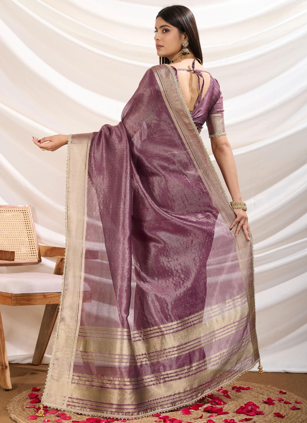 Fancy Work Linen Purple Classic Saree S15365