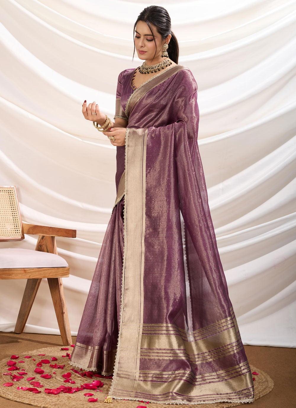 Fancy Work Linen Purple Classic Saree S15365