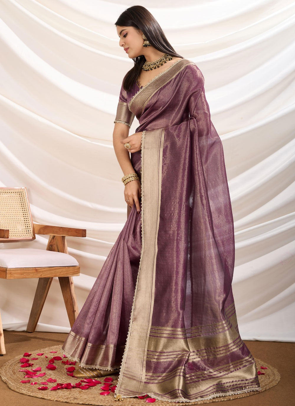 Fancy Work Linen Purple Classic Saree S15365