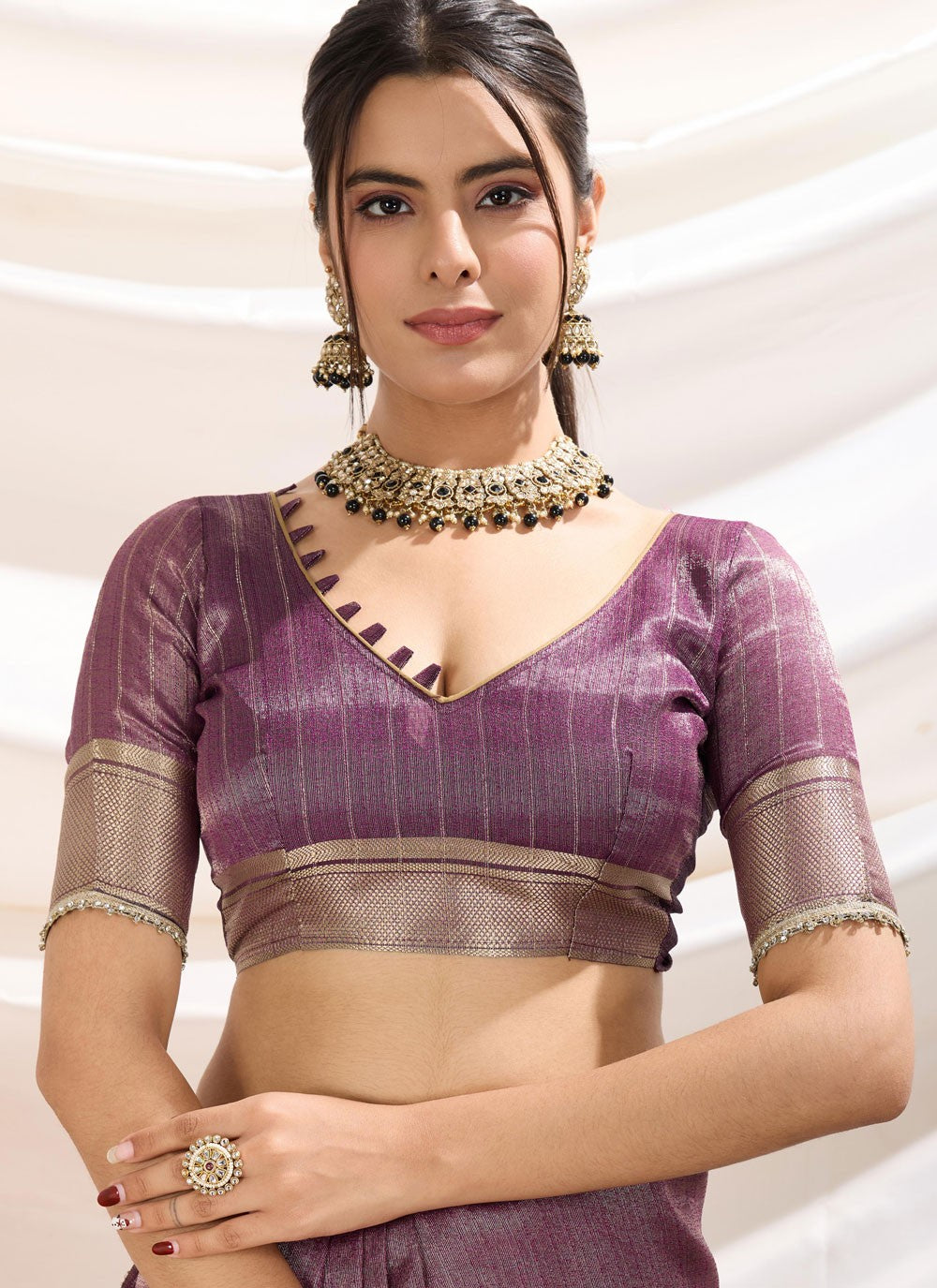 Fancy Work Linen Purple Classic Saree S15365
