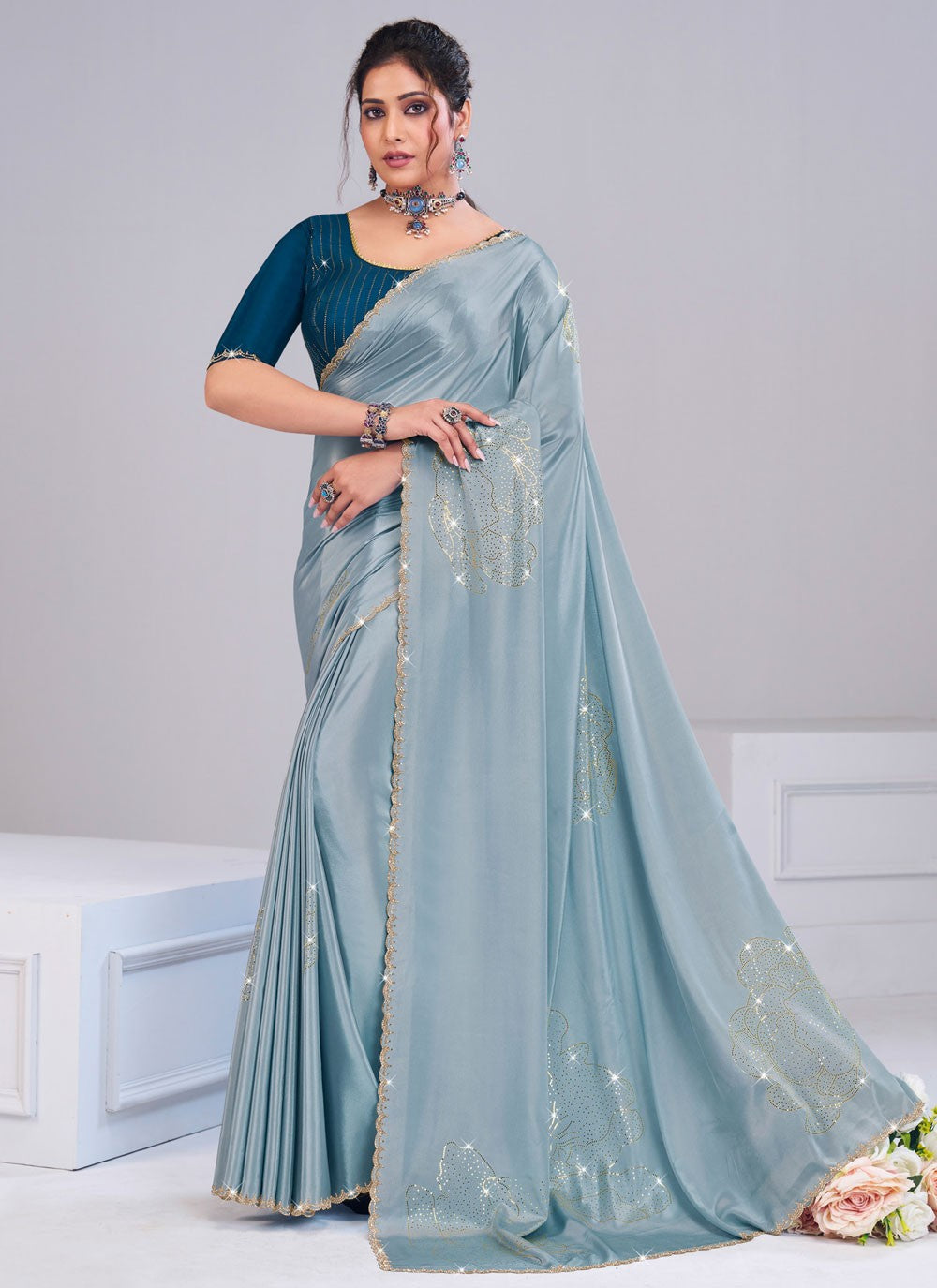 Teal Silk Traditional Saree Fancy Work S19877