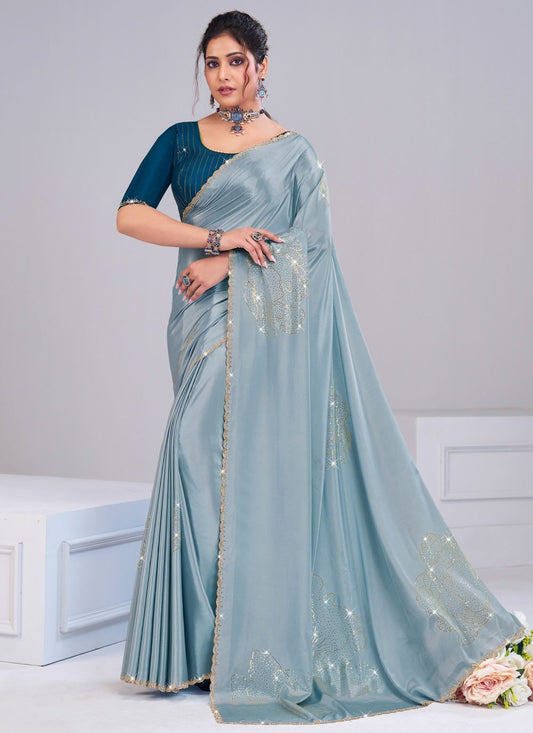 Teal Silk Traditional Saree Fancy Work S19877
