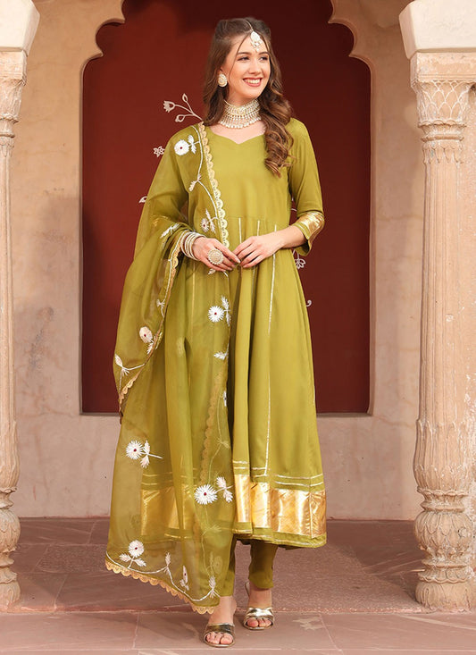 Fancy Work Rayon Green Anarkali T6597