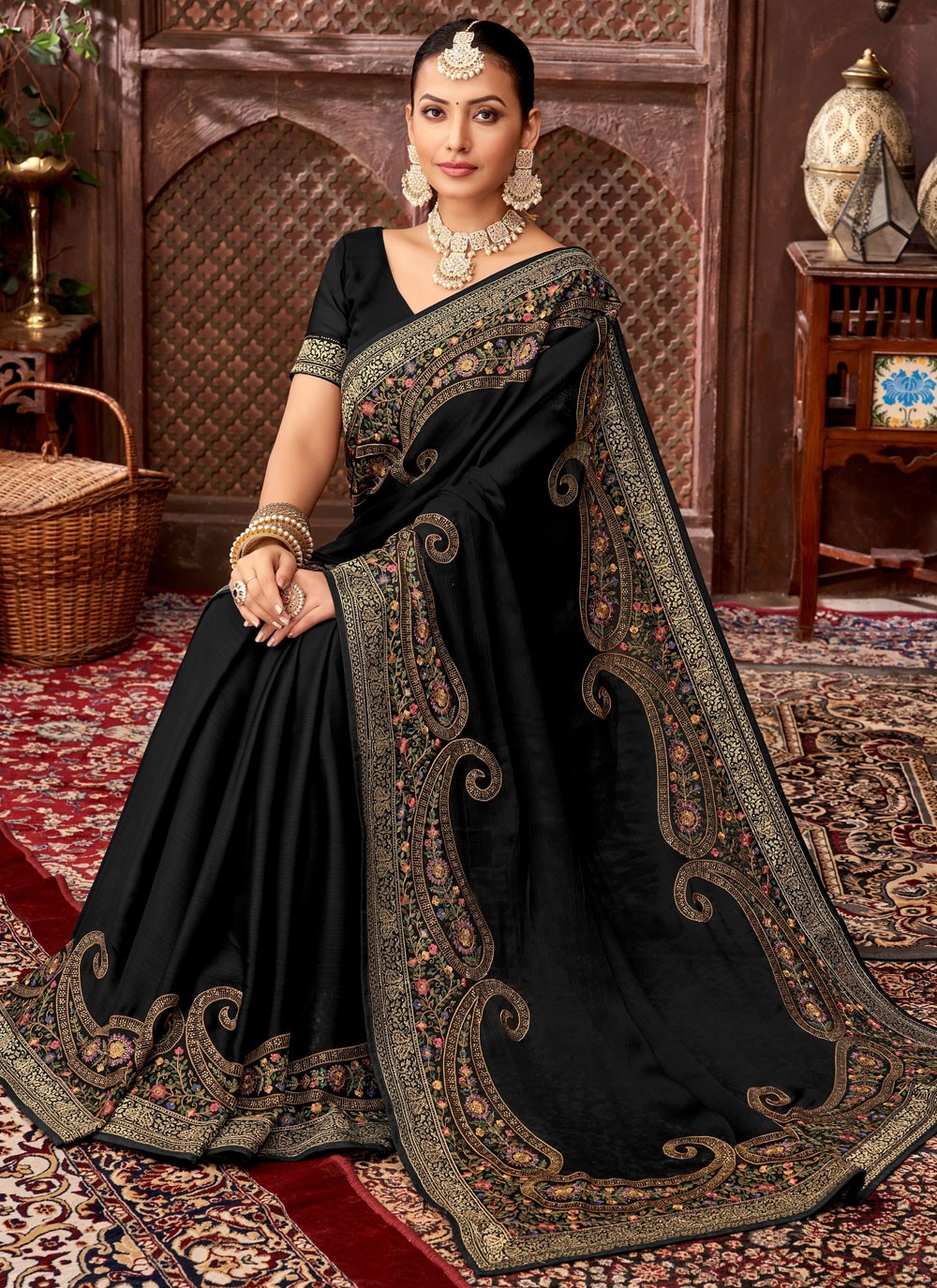 Black Chiffon Satin Trendy Saree Embroidered, Fancy Work, Stones S15890