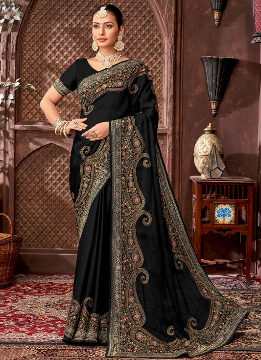 Black Chiffon Satin Trendy Saree Embroidered, Fancy Work, Stones S15890