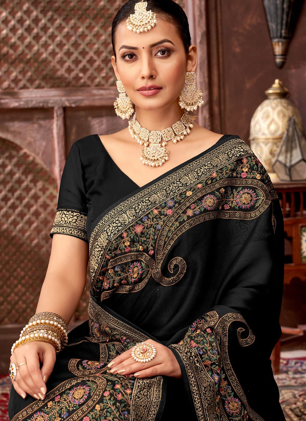 Black Chiffon Satin Trendy Saree Embroidered, Fancy Work, Stones S15890