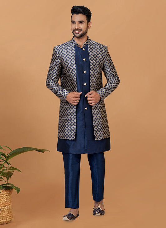 Fancy Work Dupion Silk, Jacquard Silk Blue Indo Western Sherwani - M5995