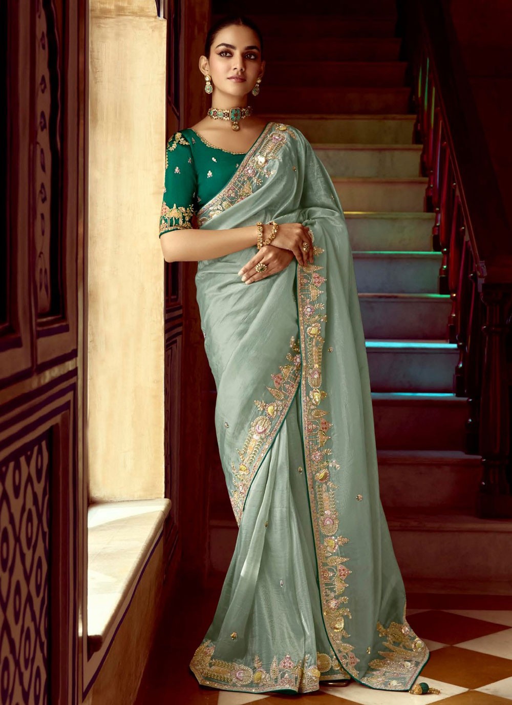 Embroidered Fancy Fabric Aqua Blue Saree S14386