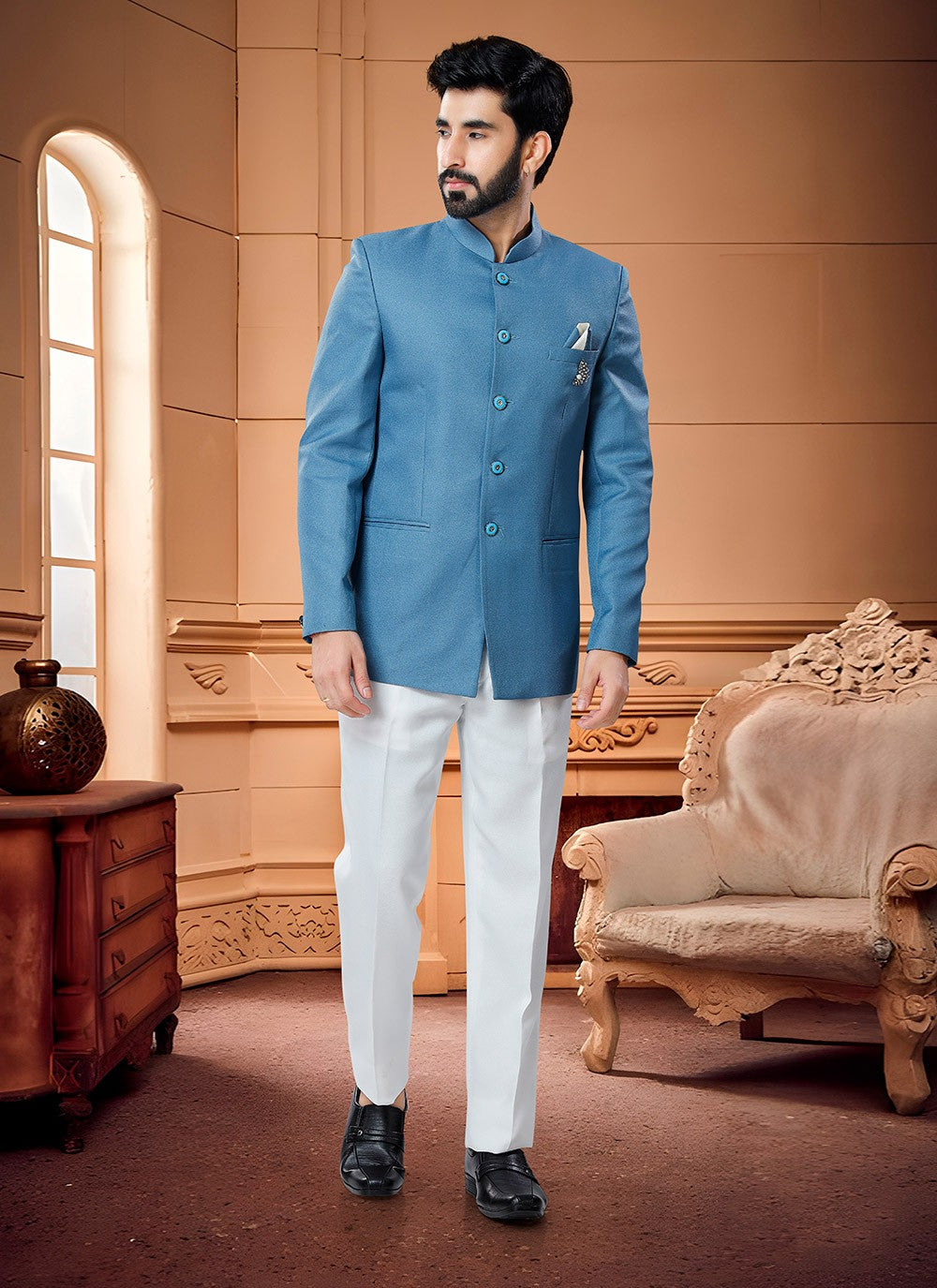 Buttons Fancy Fabric Blue Jodhpuri Suit - M4332