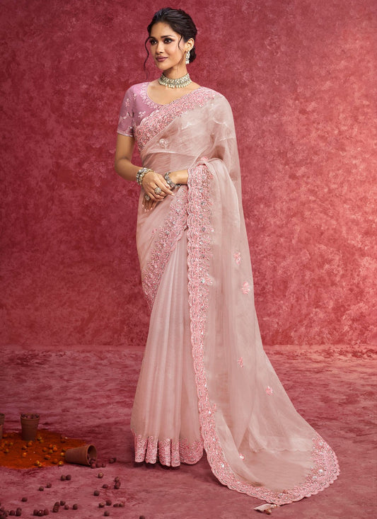 Pink Fancy Fabric Trendy Saree Border Work, Cut Work, Embroidered, Sequins, Thread S19364