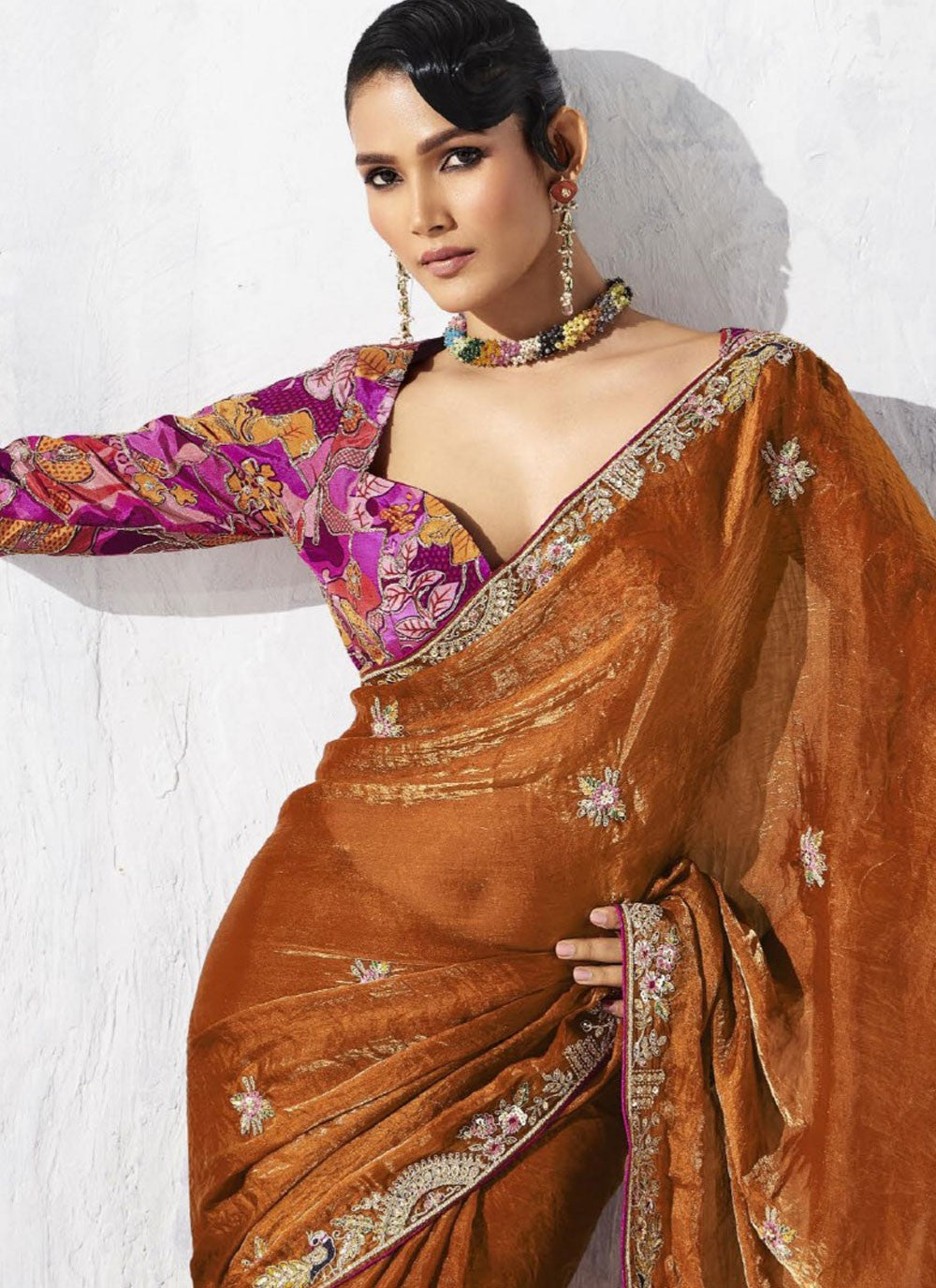 Brown Fancy Fabric Traditional Saree Border Work, Embroidered S19808