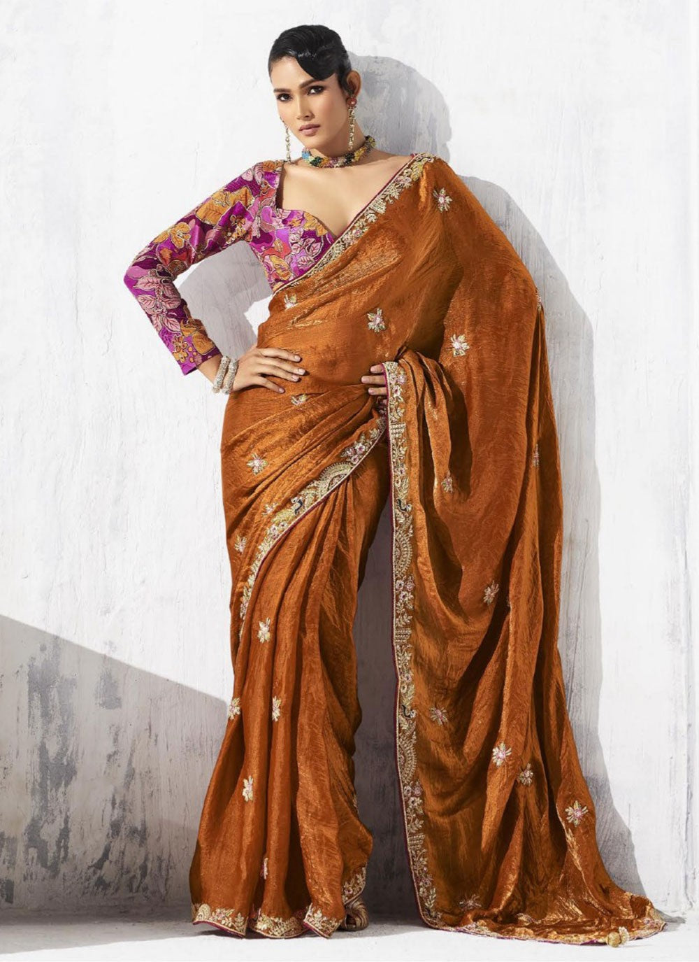 Brown Fancy Fabric Traditional Saree Border Work, Embroidered S19808