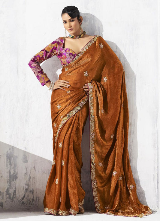 Brown Fancy Fabric Traditional Saree Border Work, Embroidered S19808