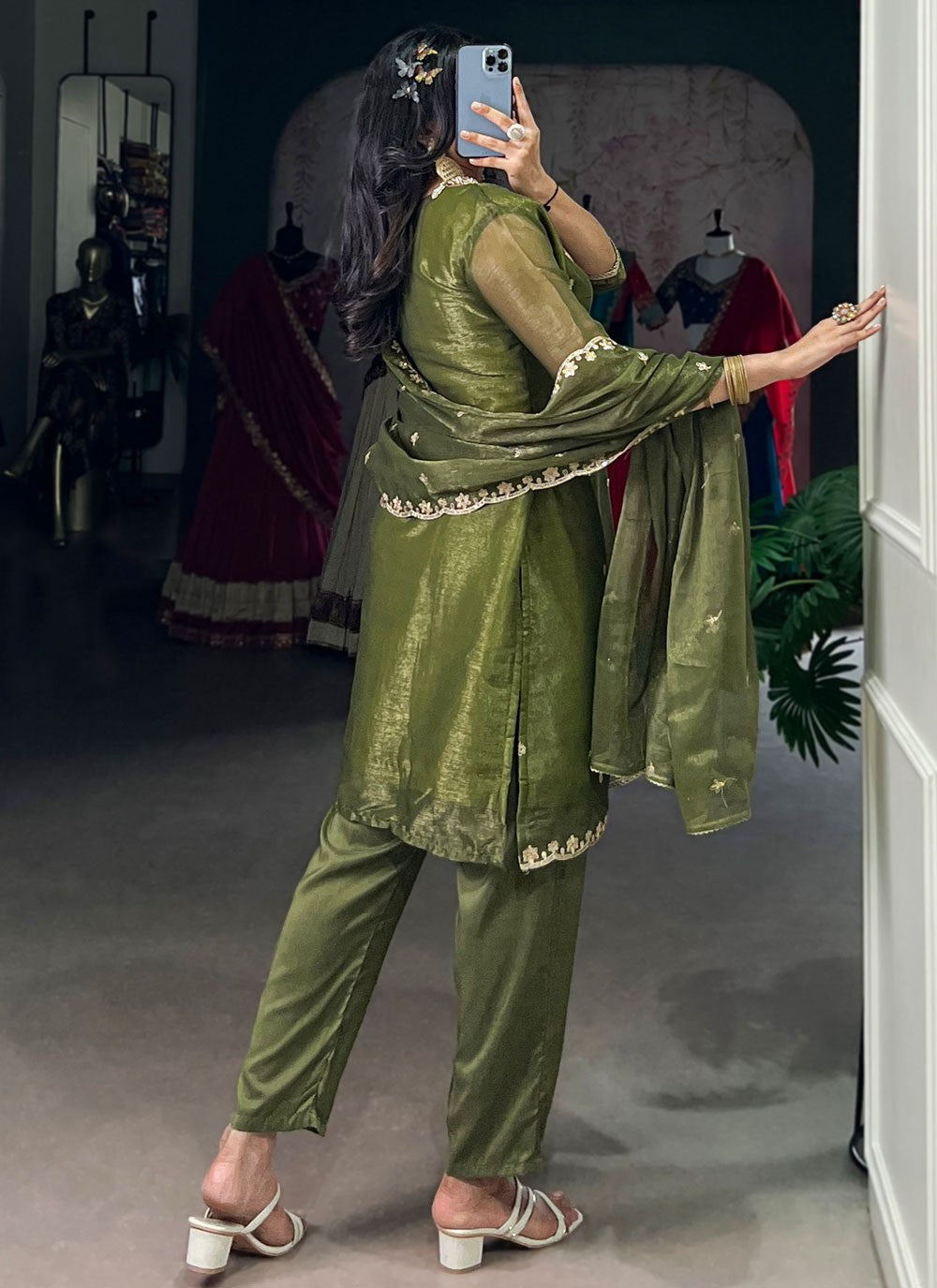 Pant Style Suit Embroidered, Sequins, Zari Green T7057