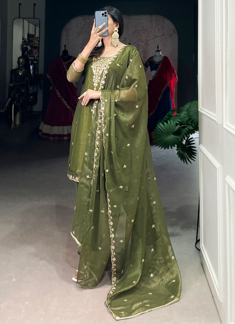 Pant Style Suit Embroidered, Sequins, Zari Green T7057