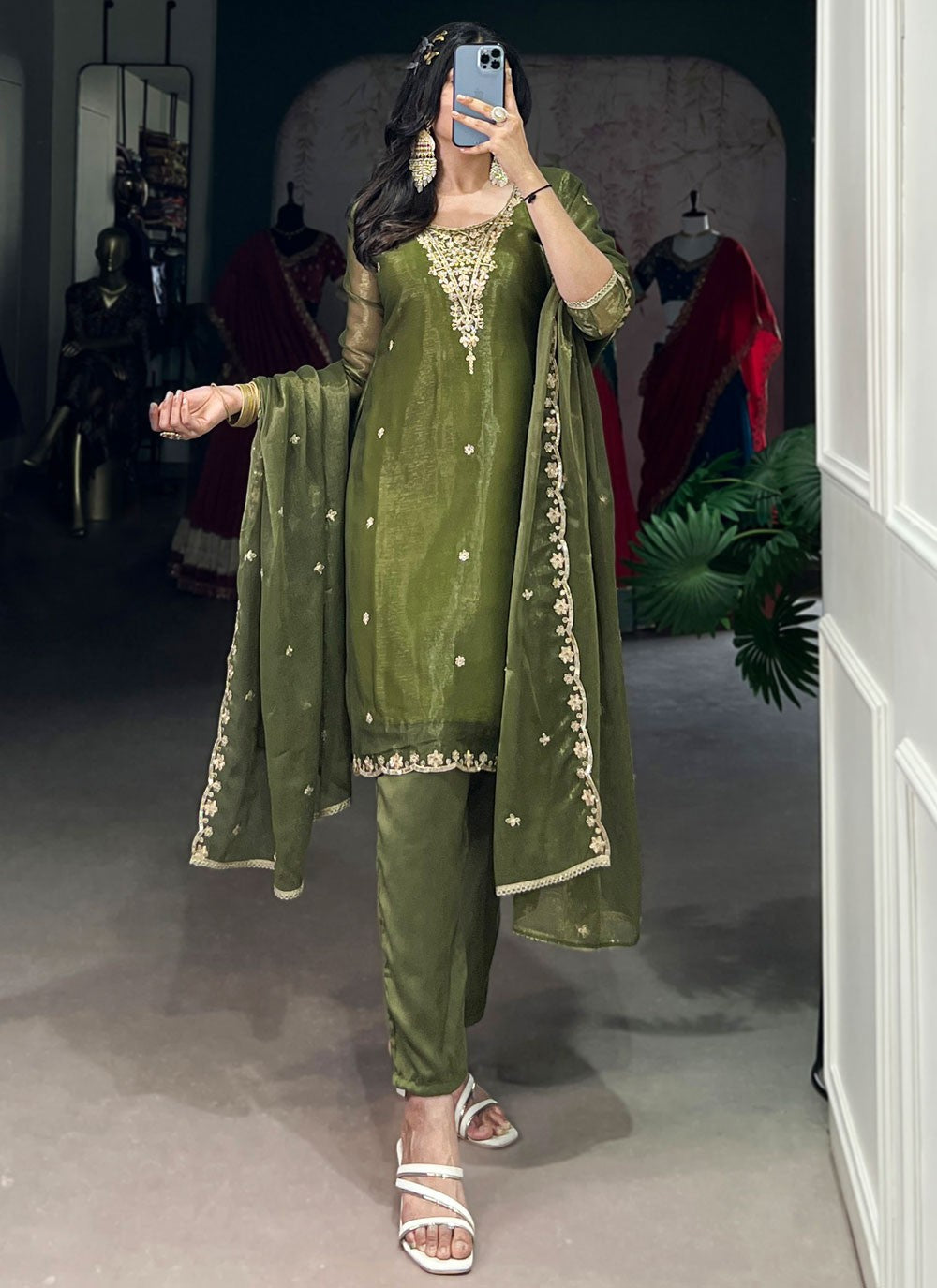 Pant Style Suit Embroidered, Sequins, Zari Green T7057