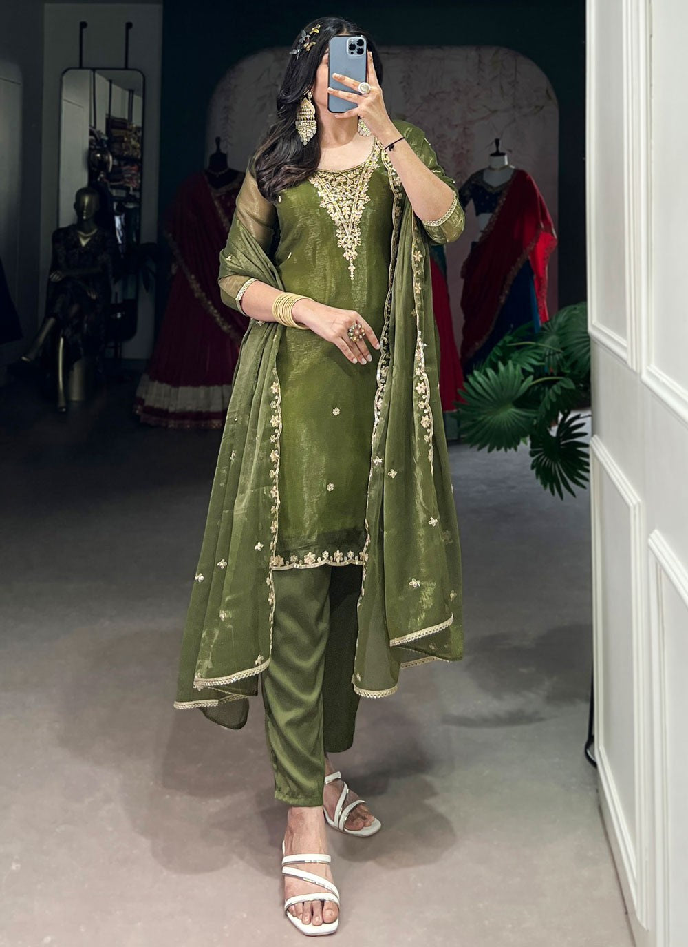 Pant Style Suit Embroidered, Sequins, Zari Green T7057
