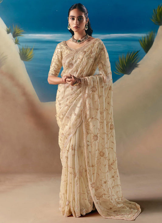 Cream Fancy Fabric Traditional Saree Embroidered, Sequins S20192