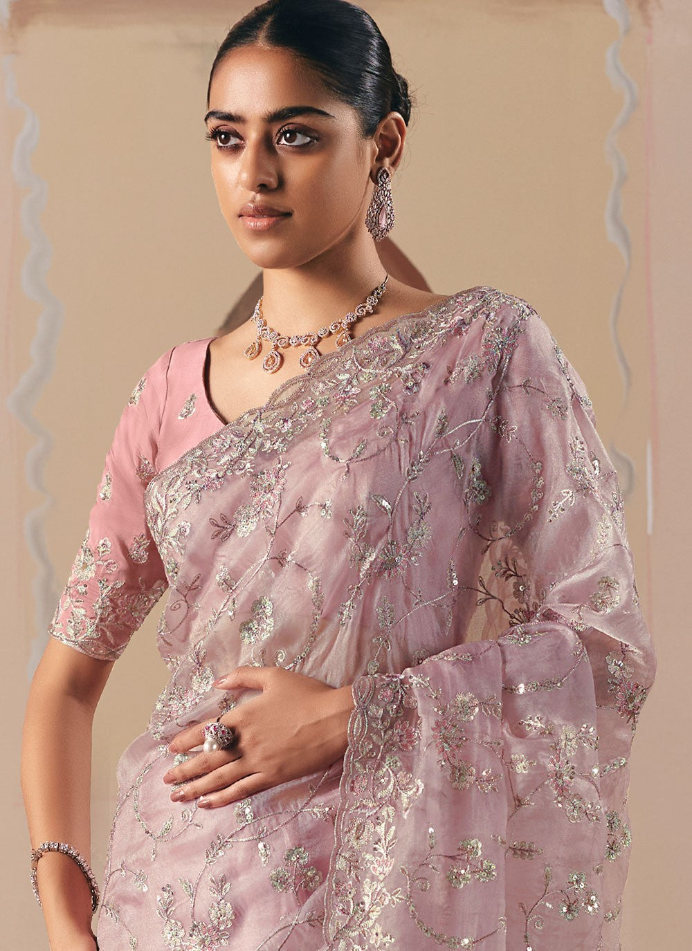 Pink Fancy Fabric Trendy Saree Embroidered, Sequins S20024