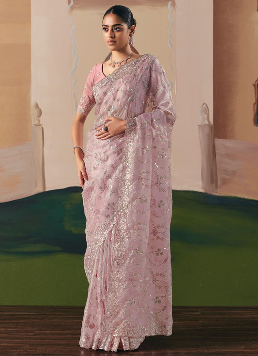 Pink Fancy Fabric Trendy Saree Embroidered, Sequins S20024