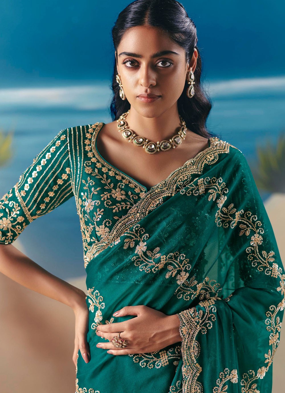 Rama Fancy Fabric Trendy Saree Embroidered, Sequins S20190