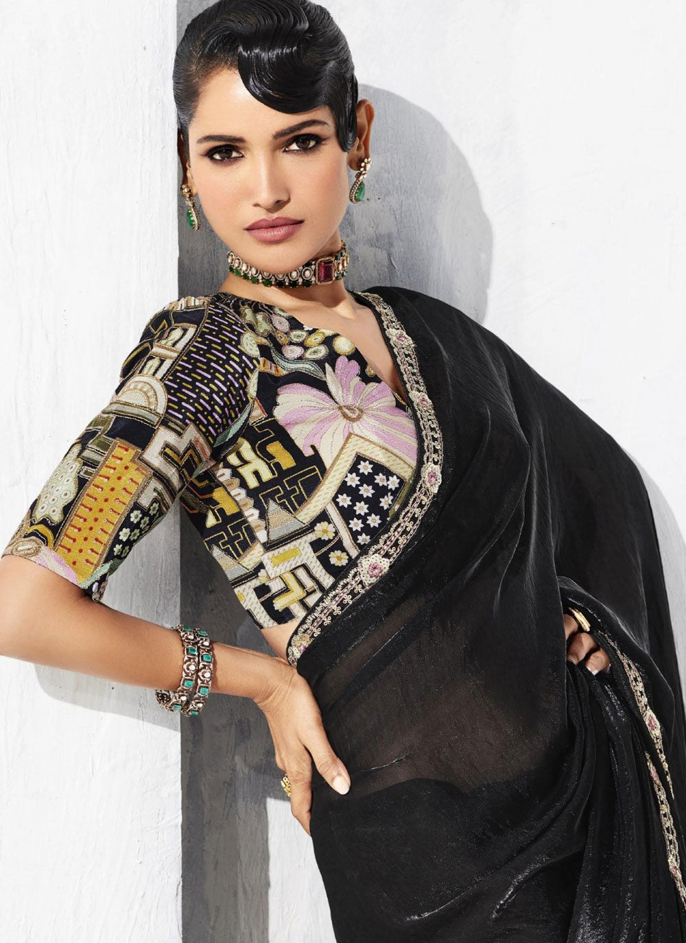 Black Fancy Fabric Classic Saree Border Work, Embroidered S19801