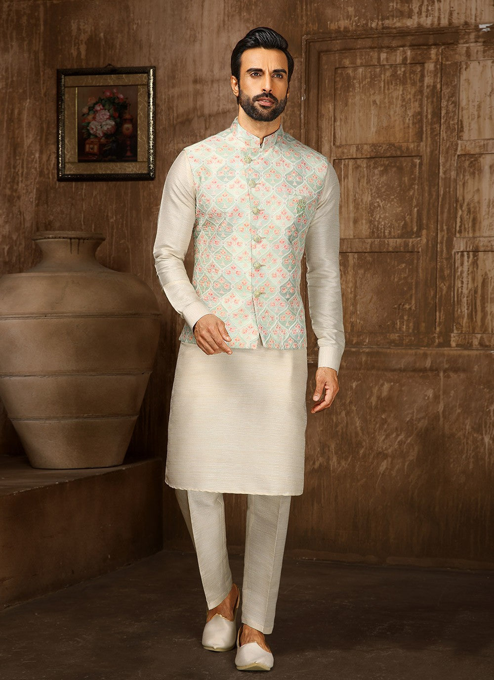 Digital Print Fancy Fabric Cream, Green Kurta Payjama With Jacket - M4252