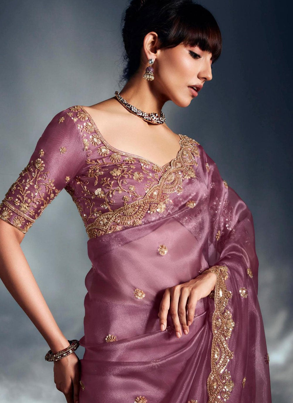 Purple Fancy Fabric Contemporary Saree Cut Work, Cutdana, Khatli Work, Sequins, Thread, Zari S19064