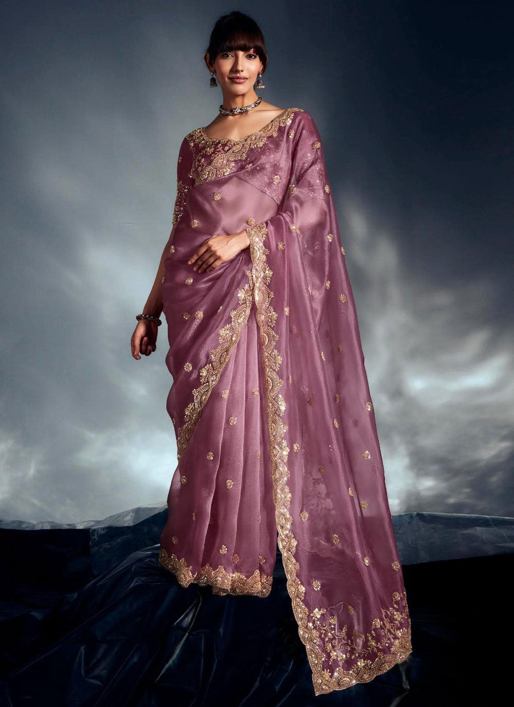 Purple Fancy Fabric Contemporary Saree Cut Work, Cutdana, Khatli Work, Sequins, Thread, Zari S19064