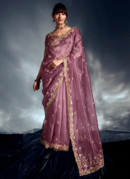 Purple Fancy Fabric Contemporary Saree Cut Work, Cutdana, Khatli Work, Sequins, Thread, Zari S19064