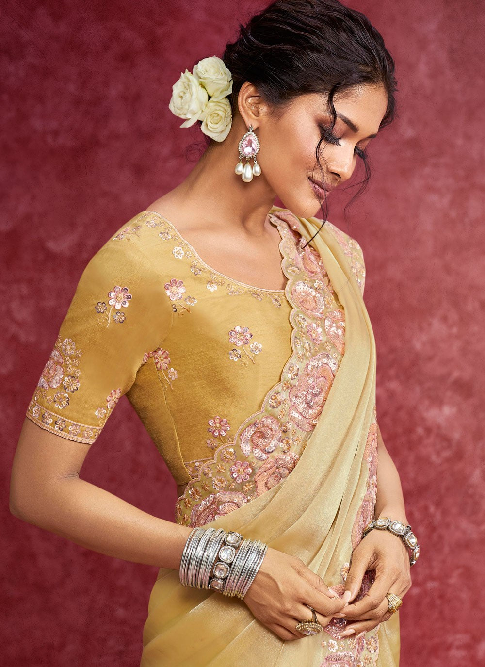 Yellow Fancy Fabric Contemporary Saree Border Work, Cut Work, Embroidered, Sequins, Thread S19363