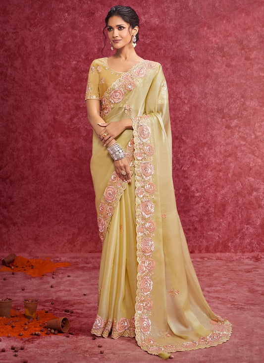 Yellow Fancy Fabric Contemporary Saree Border Work, Cut Work, Embroidered, Sequins, Thread S19363