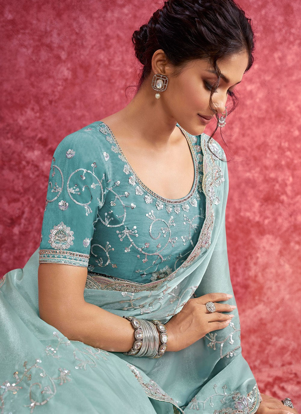 Aqua Blue Fancy Fabric Designer Saree Border Work, Cut Work, Embroidered, Sequins, Thread S19359