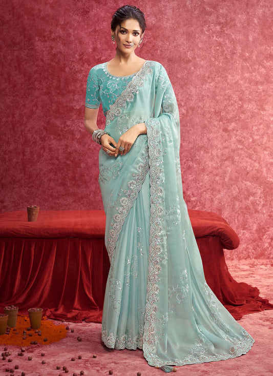 Aqua Blue Fancy Fabric Designer Saree Border Work, Cut Work, Embroidered, Sequins, Thread S19359