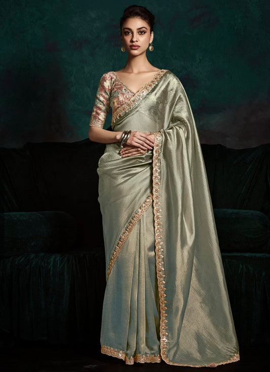 Blue Fancy Fabric Designer Saree Border Work, Cut Work, Embroidered, Sequins, Zari S15758