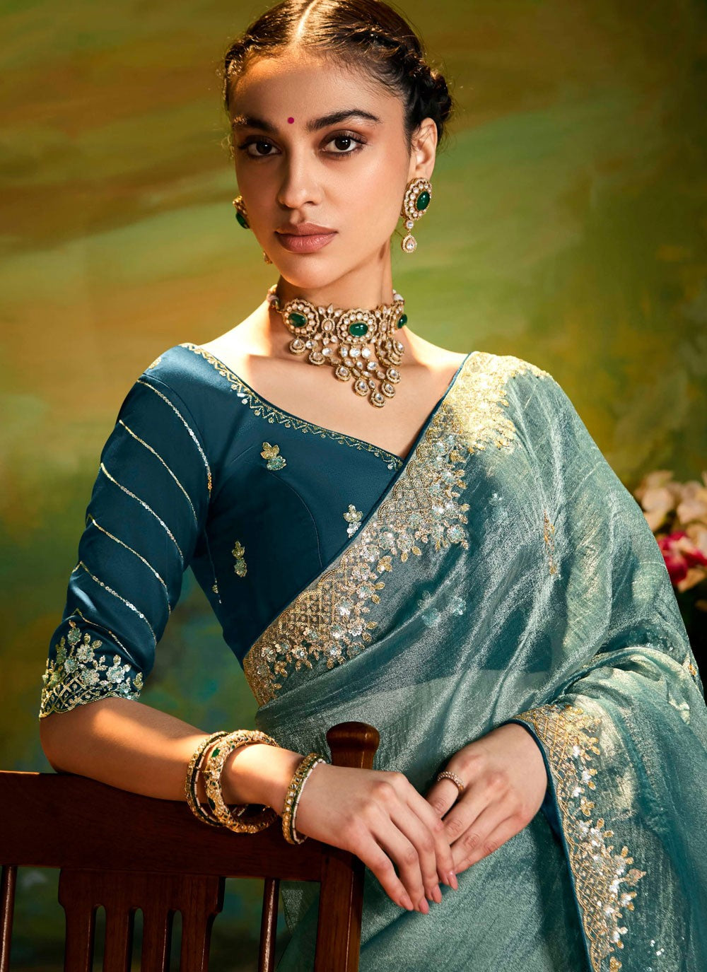 Embroidered Fancy Fabric Green Classic Saree S15256