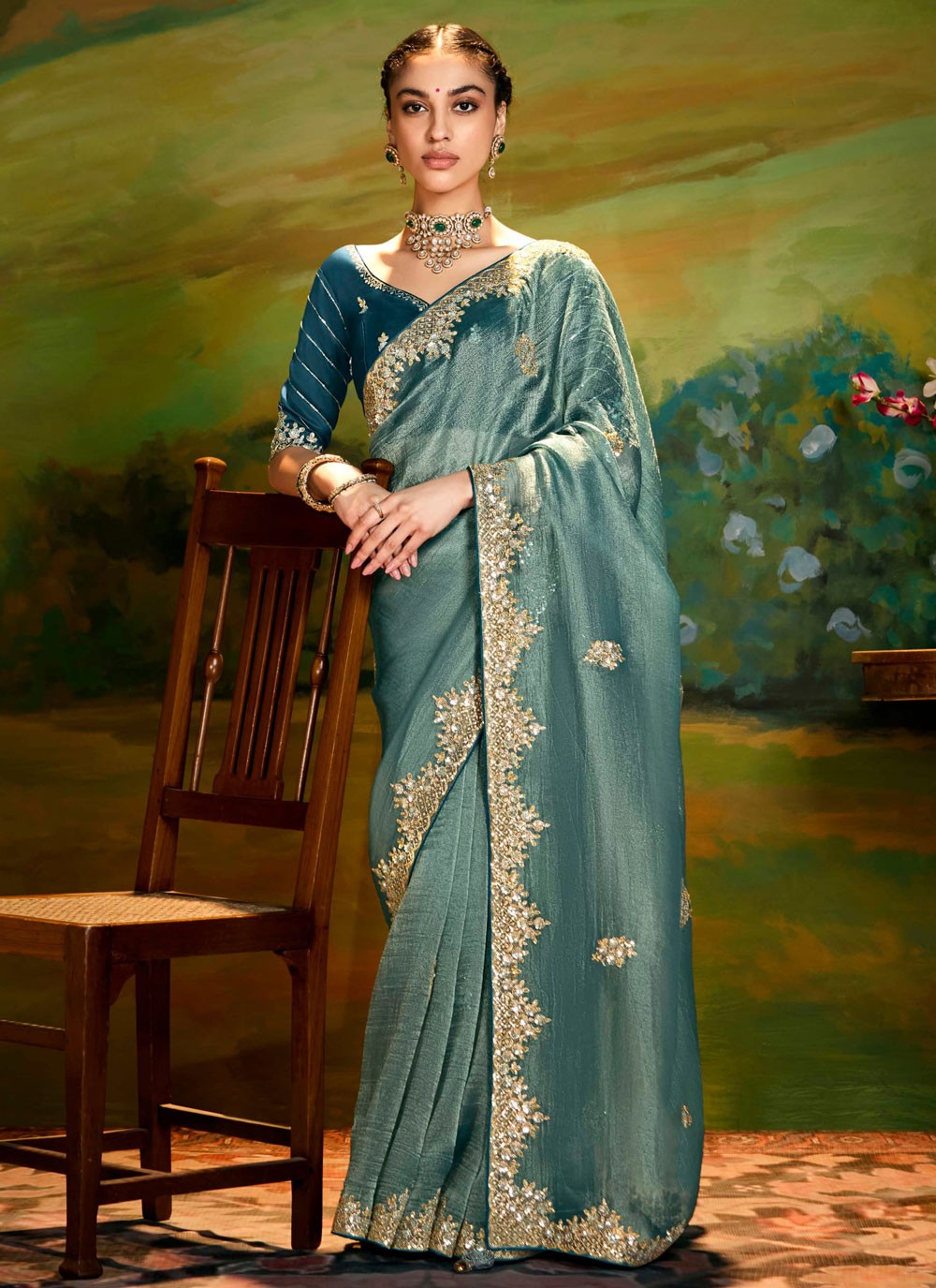 Embroidered Fancy Fabric Green Classic Saree S15256