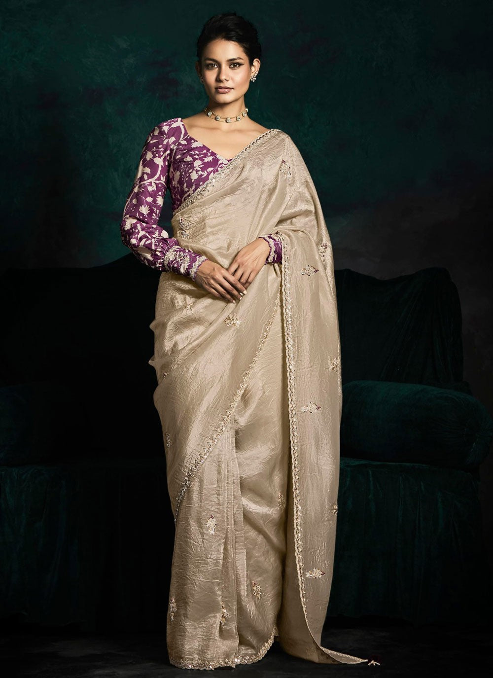 Off White Fancy Fabric Trendy Saree Embroidered, Zari S15760