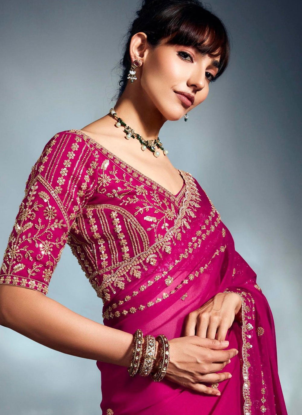 Fuchsia Fancy Fabric Designer Saree Cut Work, Sequins, Thread, Zari S19059